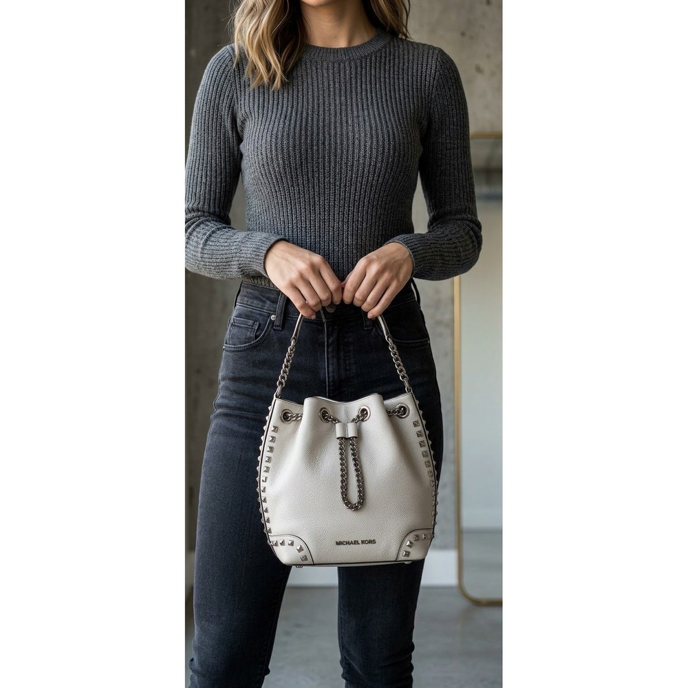Michael Kors White Pebbled Leather Chain Bucket Bag Silver Hardware Shoulder Bag